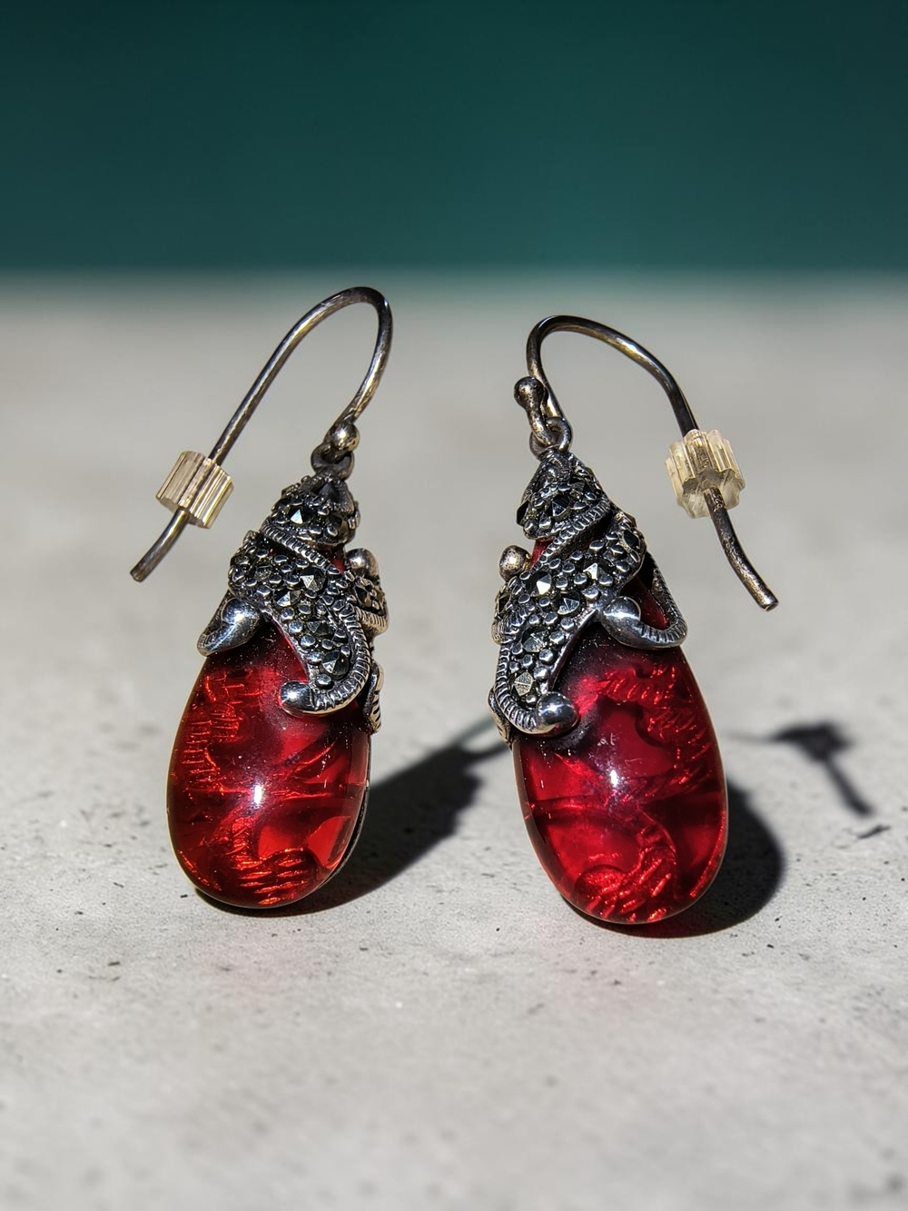 Sterling Silver, Ruby Red Glass & Marcasite Exotic Teardrop Earrings